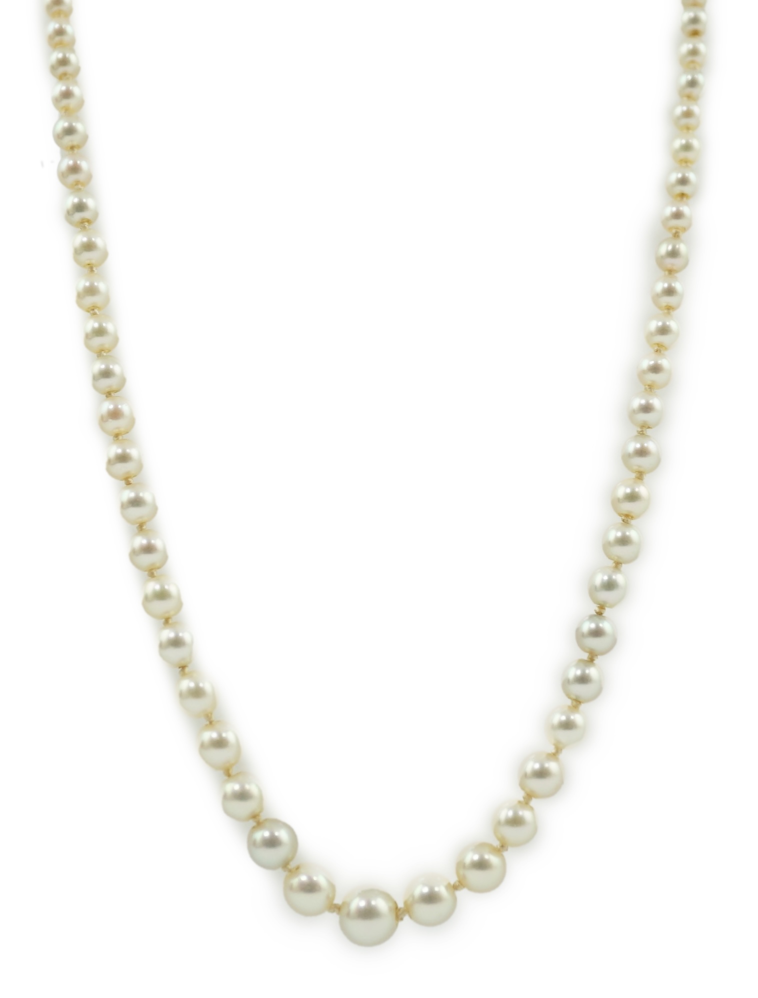 A single strand graduated cultured pearl necklace, with emerald and diamond cluster set gold clasp